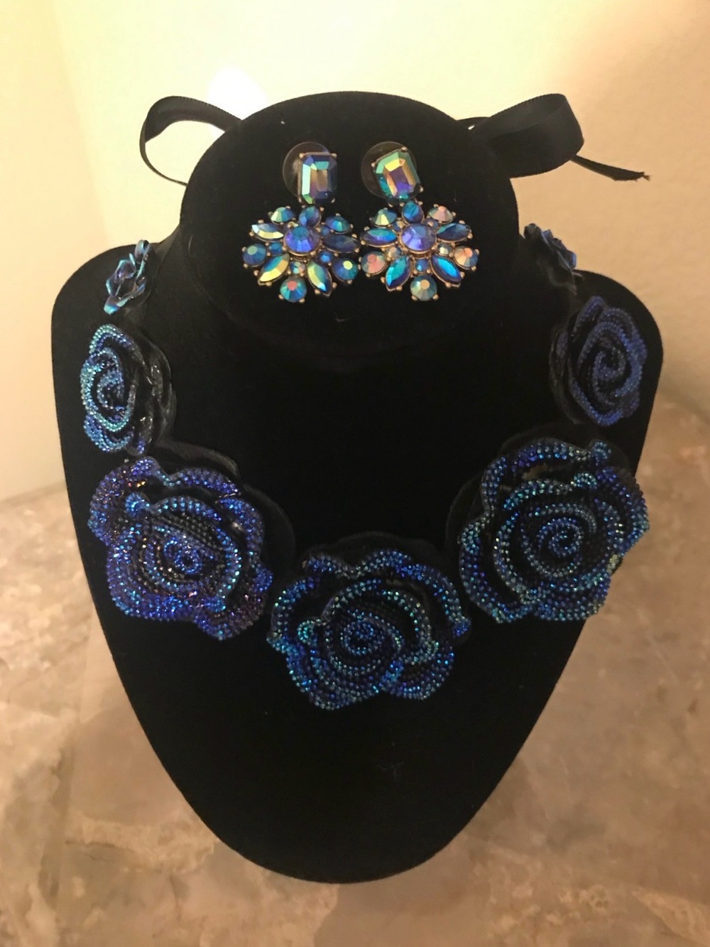 Blue Beaded Rose Statement Necklace with Matching Earrings - Women Jewelry